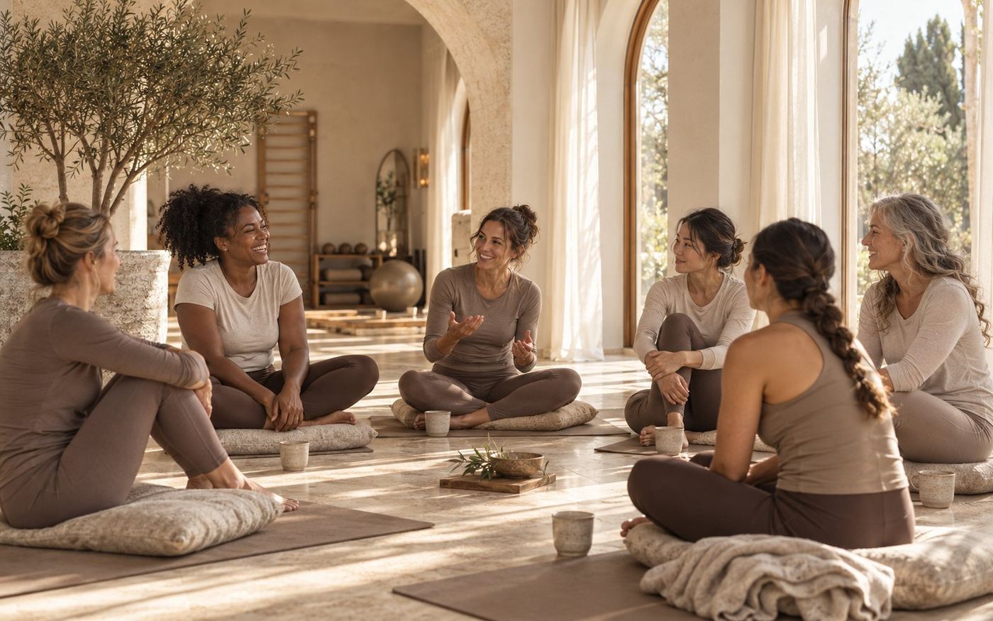 Un groupe de femmes assises en cercle pendant un atelier, tasses de thé et lumière naturelle